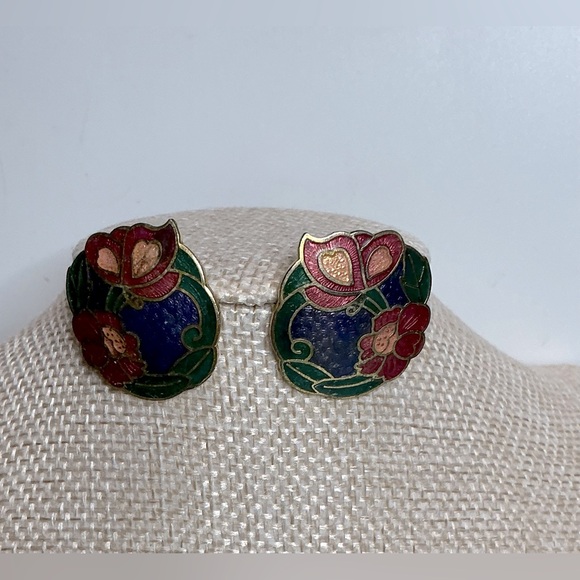 Vintage Floral Enamel Earrings - Red, Green, Blue - Picture 1 of 3